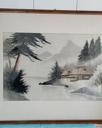 Quadro ricamato su seta paesaggio invernale