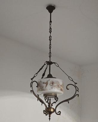 Lampadario Vintage Ferro e Vetro Scene Caccia