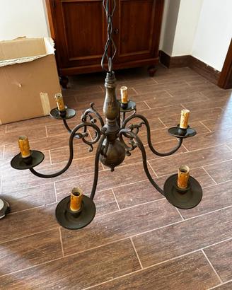 Lampadario Vintage a 6 Bracci in Metallo/Ottone