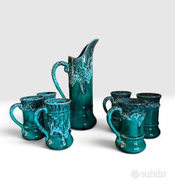 Set Vintage Brocca + 6 boccali ceramica Drip Glaze