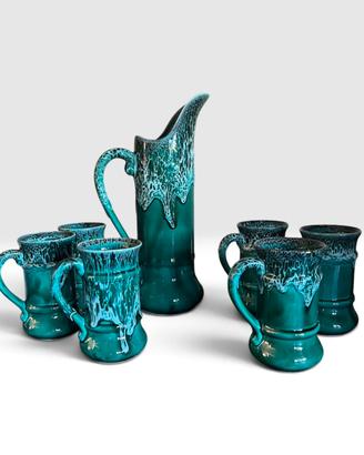 Set Vintage Brocca + 6 boccali ceramica Drip Glaze