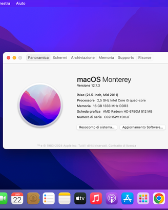 Imac 21,5" Ram 16 gb - Hdd 500 gb - MacOs Monterey