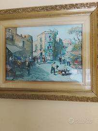 Quadro dipinto piazza con cornice dorata