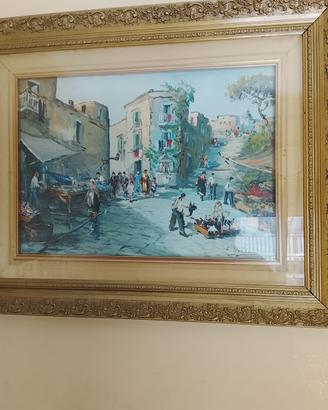 Quadro dipinto piazza con cornice dorata