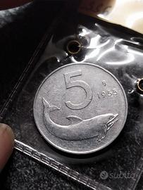 5 Lire 1955 Delfino italia Firma vicino al bordo