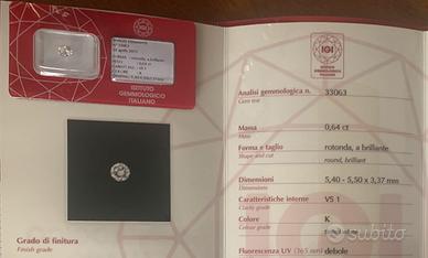 Diamante certificato Naturale 0.54 ct K/Si1 Round