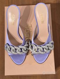 Sandali mules con tacco, in raso, cristalli, n.37