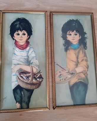 Coppia di quadri vintage Big Eyes firma Giusy