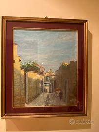 Quadro olio borgo antico con arco e buoi