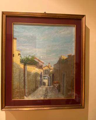 Quadro olio borgo antico con arco e buoi