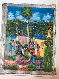 Quadro Naif Scena Villaggio Tropicale 45x35 Alabay