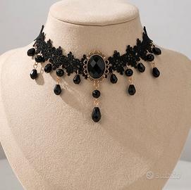 Girocollo Gothic Choker in Pizzo Nero con Pendenti