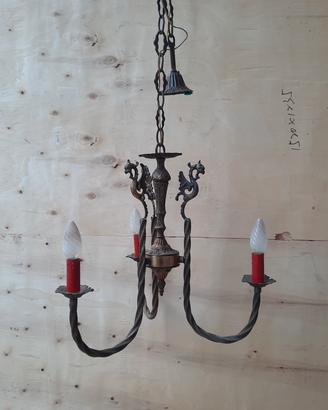 lampadario in ottone anni 50 a tre luci 