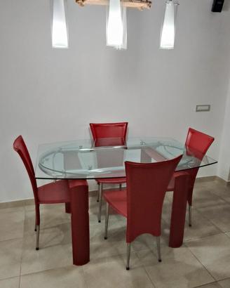 tavolo allungabile in vetro acciaio e cuoio rosso