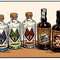 LOTTO DI 5 BOTTIGLIE VUOTE DI GIN ILLUSTRATE