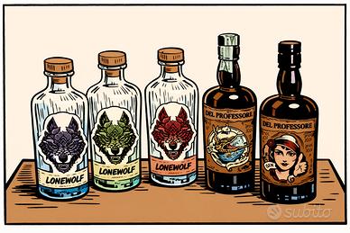 LOTTO DI 5 BOTTIGLIE VUOTE DI GIN ILLUSTRATE