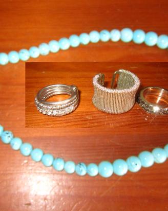 Girocollo color turchese con strass + 3 anelli
