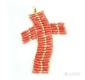  Croce in oro 750 a maglia morbida con coralli del