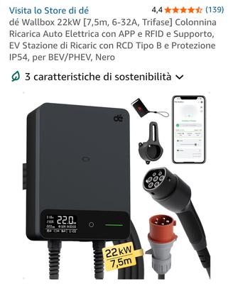 dé Wallbox 22kW [5m, 6-32A, Trifase] Colonnina Ric