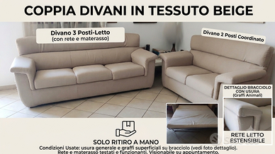 Coppia divani tessuto beige (3 posti con letto+ 2)