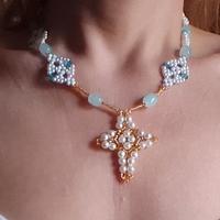Collana croce Perle Pietre dure Aragonite Azzurra 