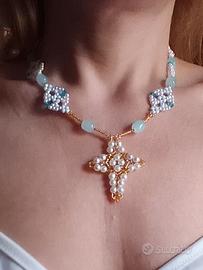 Collana croce Perle Pietre dure Aragonite Azzurra 