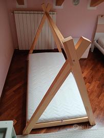 Letto bambino capanna in legno e materasso 80x160