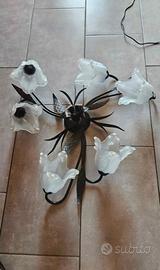 Lampadario In Ferro Battuto A 6 Paralumi In Vetro 