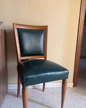 Sedia Design Vintage Legno + Ecopelle Verde Bosco