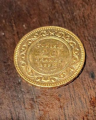 Moneta Oro 20 Francs 1892 Tunisia Marengo Tunisino