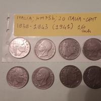 Lotto di monete da 20 centesimi di Lire Italiane.
