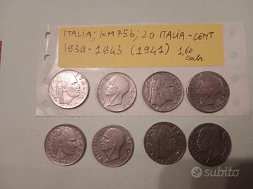 Lotto di monete da 20 centesimi di Lire Italiane.
