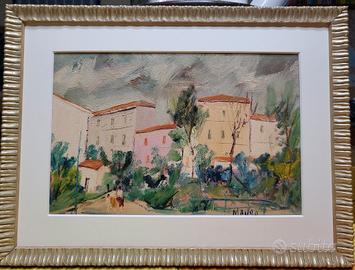 Dipinto a olio su tavola "Paesaggio con Figure"