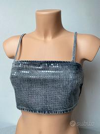 Top in denim corto grigio con spalline Zara tg XS