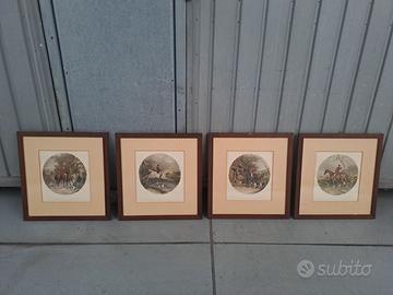 Set di 4 quadri vintage con stampe equestri/caccia