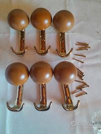 Set 6 Appendiabiti da Muro in Legno e Ottone (con