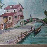 Paesaggio con Canale e Barca - Olio su Tela