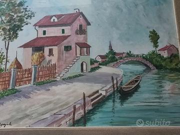 Paesaggio con Canale e Barca - Olio su Tela