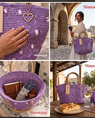Borsa SIMONAMI CROCHET In Rafia Lilla E Bamboo 