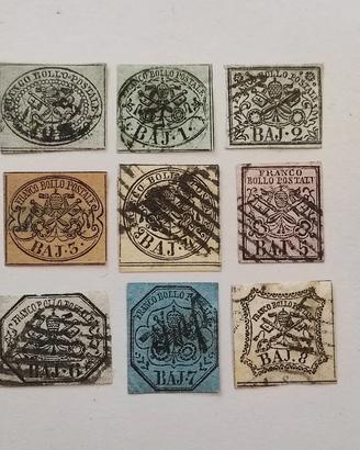 9 francobolli antichi serie 1852 stato pontificio
