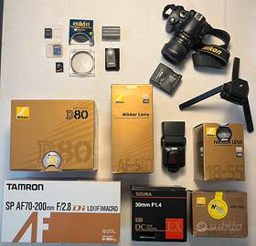 Set Nikon, corpo, obiettivi, zaino, treppiede, acc