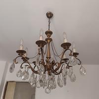 Lampadario Vintage in Ottone e Gocce di Cristallo