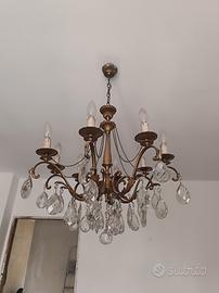 Lampadario Vintage in Ottone e Gocce di Cristallo