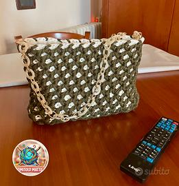 🧶Borsa Artigianale Crochet Verde Militare e Panna