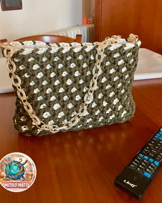 🧶Borsa Artigianale Crochet Verde Militare e Panna