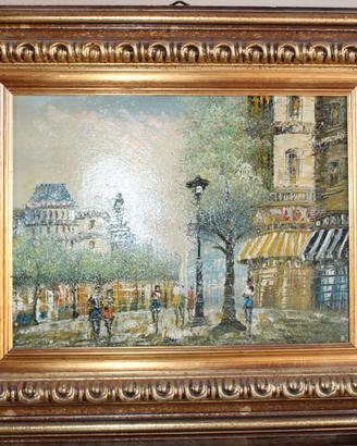 Quadro olio su tela paesaggio cittadino + cornice