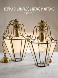 Coppia lampadari a lanterna vintage ottone-vetro