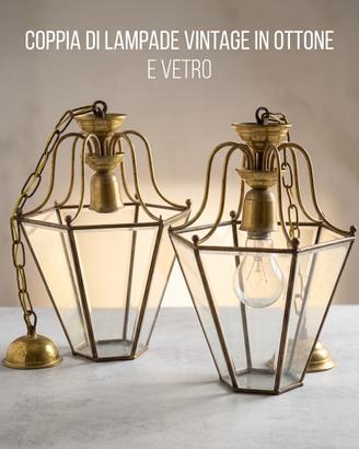 Coppia lampadari a lanterna vintage ottone-vetro
