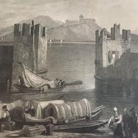 Antica stampa Arona e Castello di Angera (1830)