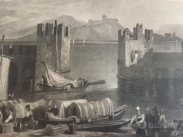 Antica stampa Arona e Castello di Angera (1830)